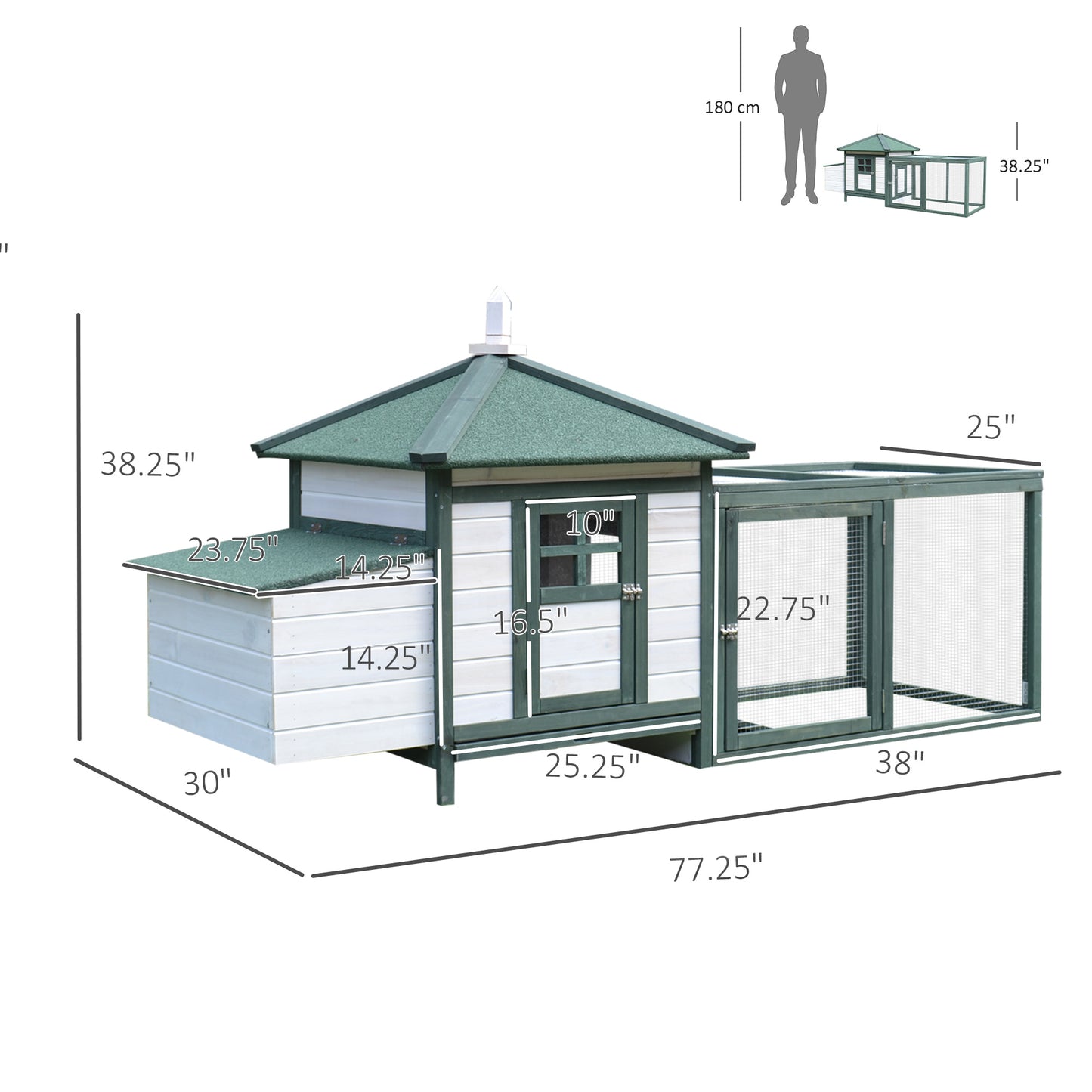77-Inch Wooden Chicken Coop with Weatherproof Roof & Enclosed Run