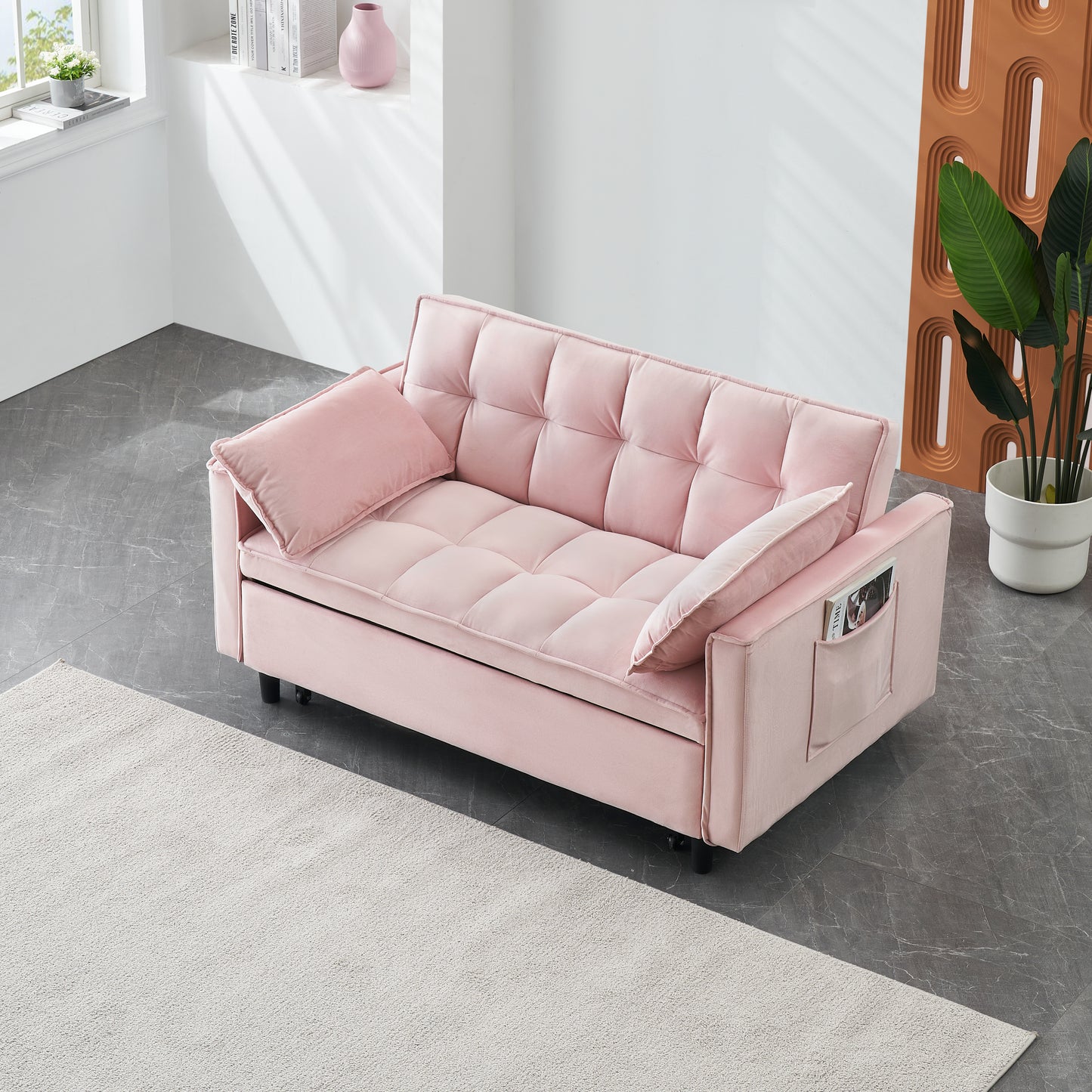 Convertible Velvet Sofa Bed - Small Love Seat with Pillow - Pink