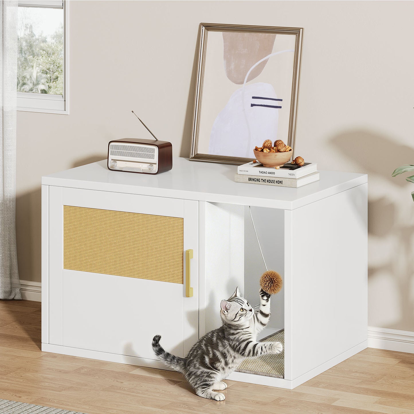 Multifunctional Cat Litter Box Cabinet with Odor Control & Side Table - White
