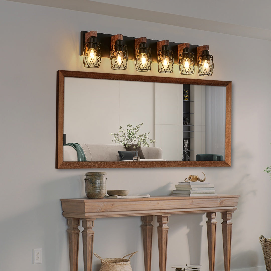 Industrial Vintage 6-Light Wall Sconce - Black Metal & Wood Accent