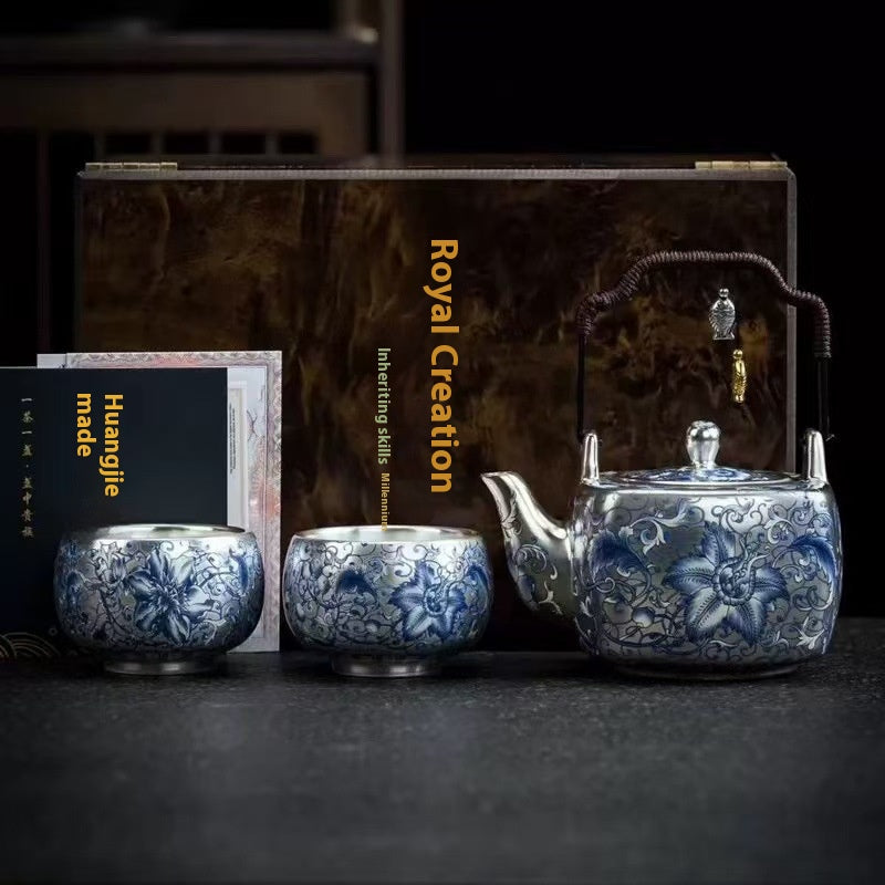 Gilded Silver Tea Set with Teapot - Retro Luxury Portable Drinkware
