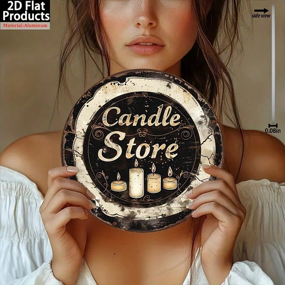 Metal Candle Shop Sign - 7.87 Inch Round Wall Art