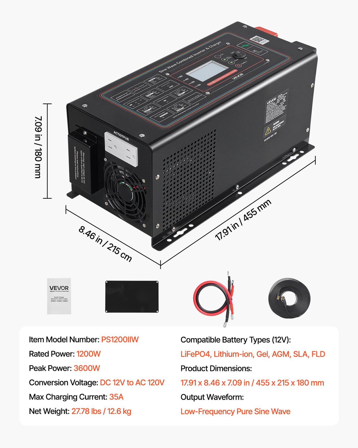 1200W Pure Sine Wave Inverter Charger - DC 12V to AC 120V for RV Camper Home with LCD & Remote
