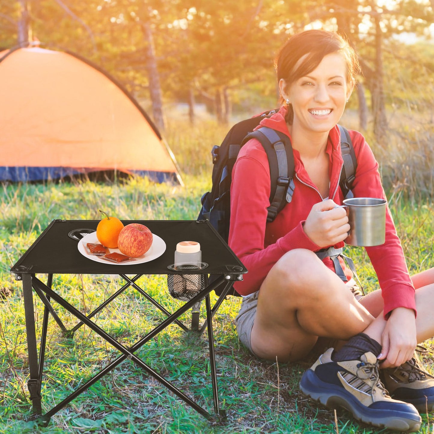 Portable Folding Camping Table with Cup Holders - Multiple Colors & Sets