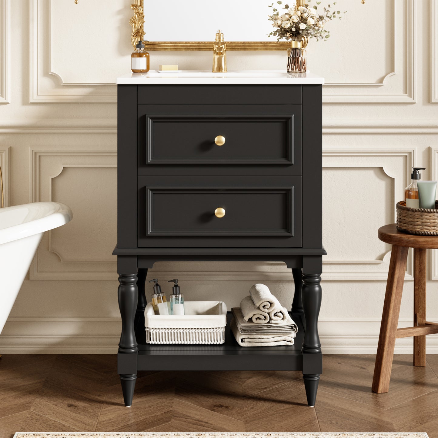 20'' Black Bathroom Vanity with Ceramic Sink & 2 Drawers