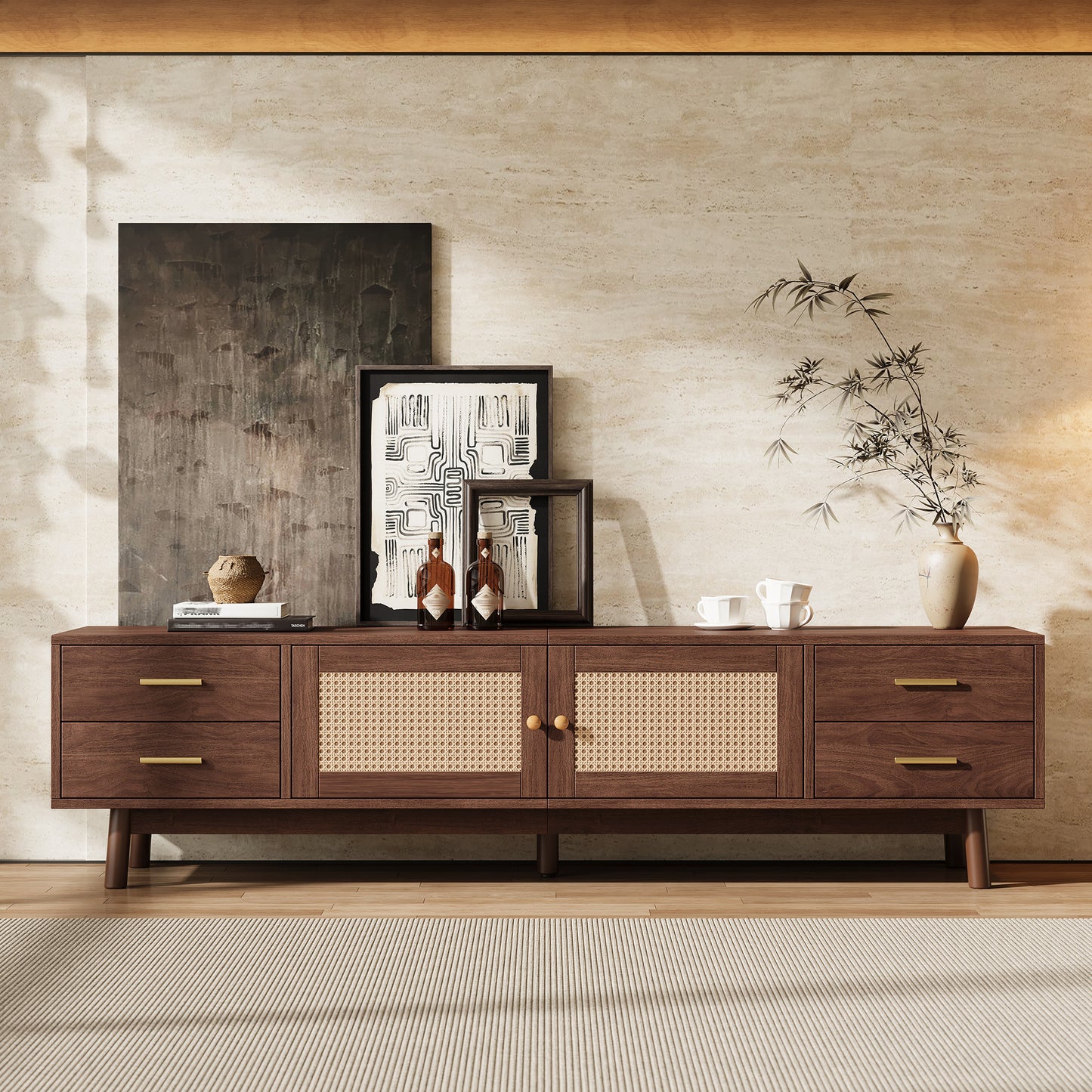 70inch Modern TV Stand With Rattan Doors For TVs Up To 80 , Media
