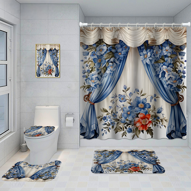 Bathroom 5-Piece Shower Curtain Set with Mat and Decorative Aluminum Frame