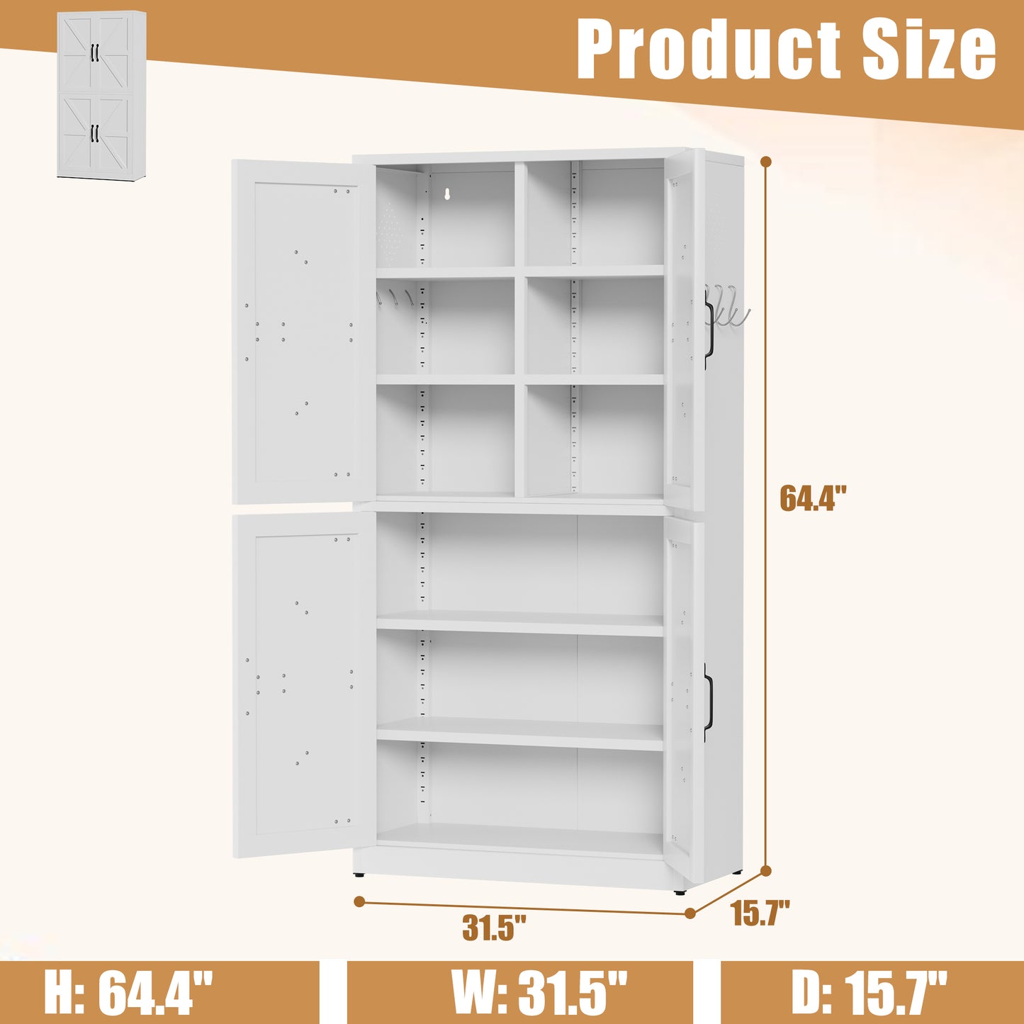 White Steel Kitchen Pantry Storage Cabinet With Adjustable Shelves,