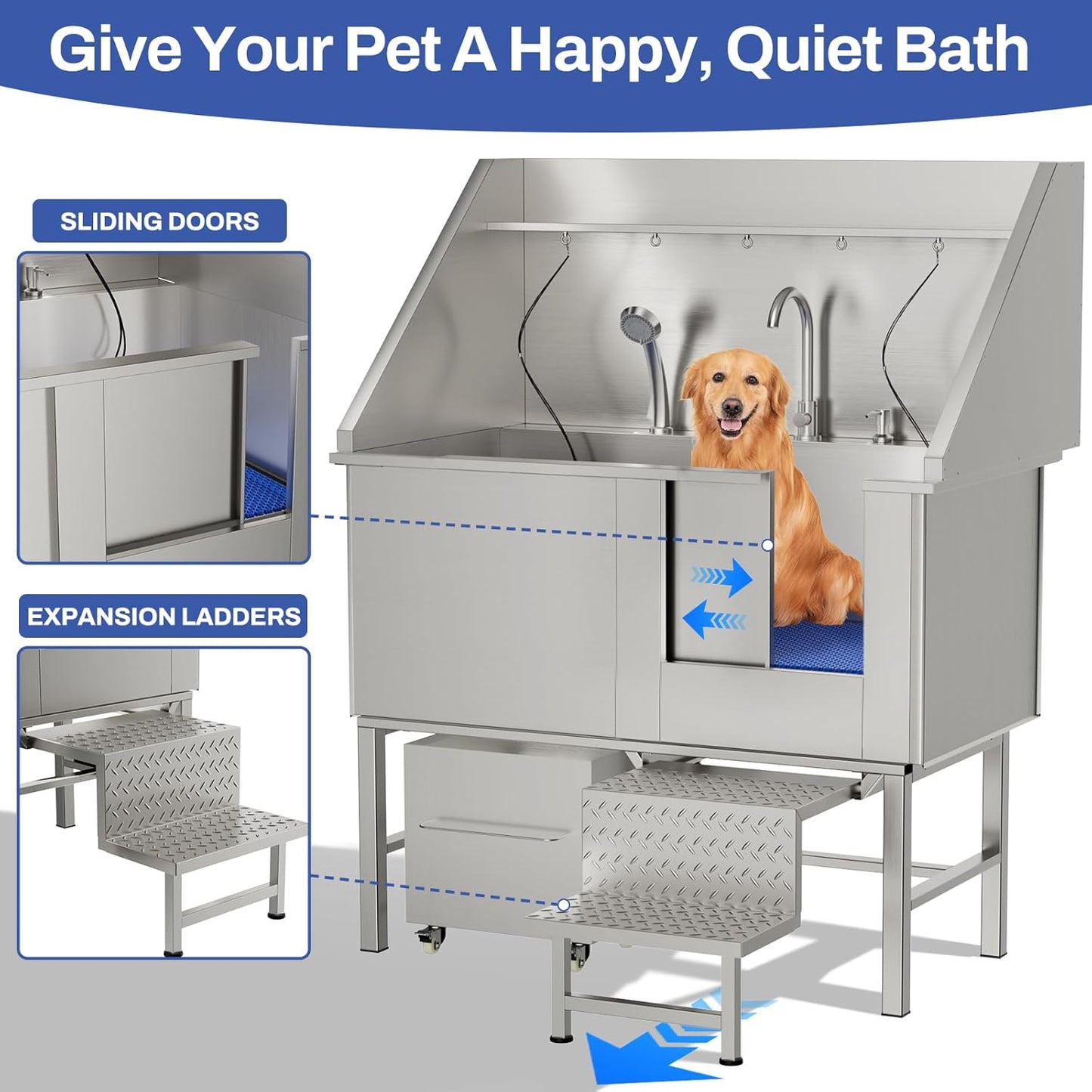 50-Inch Stainless Steel Dog Washing Station with Ramps