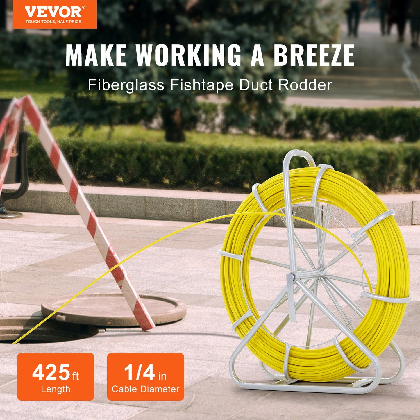 Fiberglass Fish Tape 425 Ft Non-Conductive Cable Puller with Steel Reel and 3 Heads