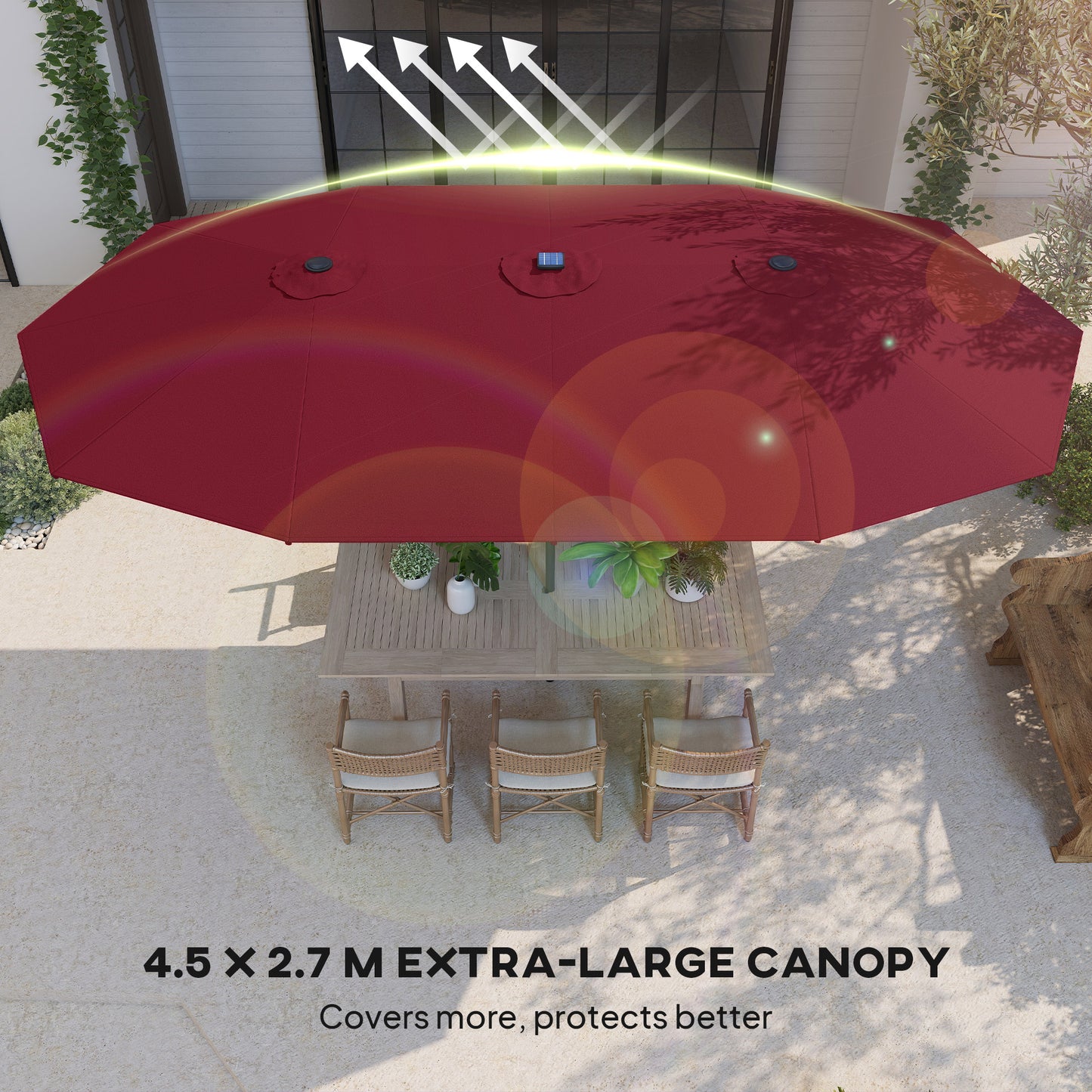 Double-Sided Garden Parasol with LED Solar Lights - Wine Red