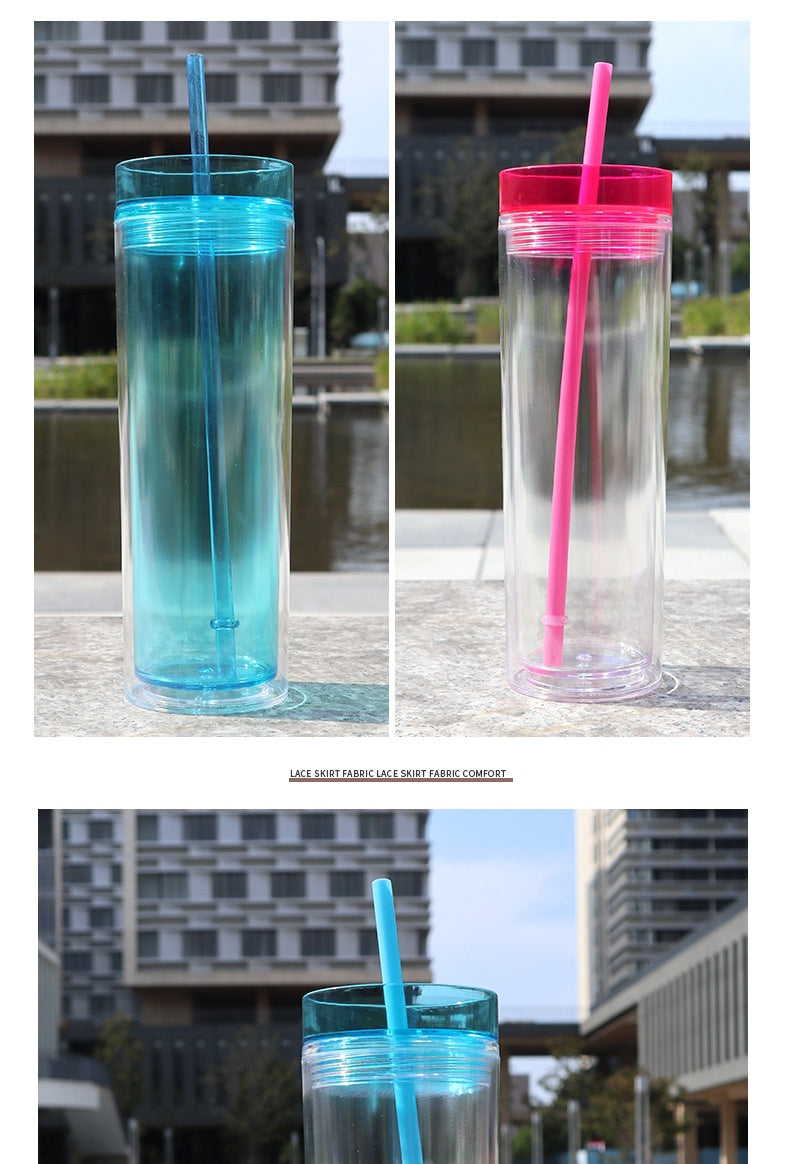 Large Capacity Double-Layer Drinkware Cup with Straw - Multiple Colors & 710ml