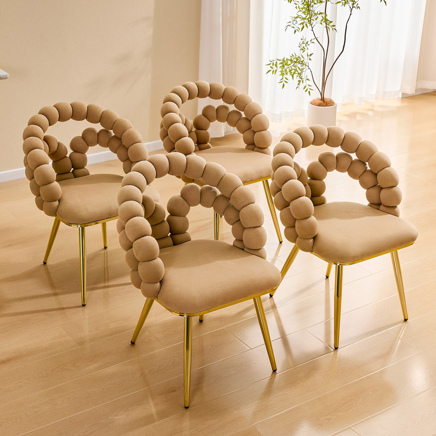 Set of 2 Modern Velvet Dining Chairs with Bubble Back - Brown & Gold