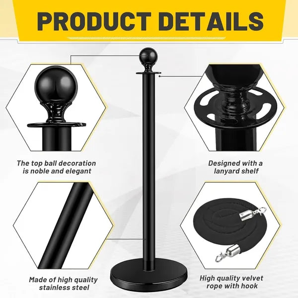 4 Pack Black Stanchions with Velvet Ropes for Crowd Control