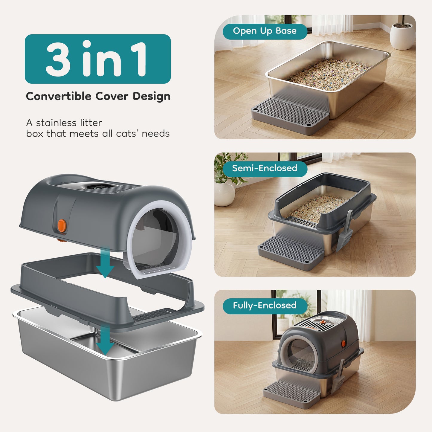 Double-Entry Convertible Cat Litter Box with Lid and Storage