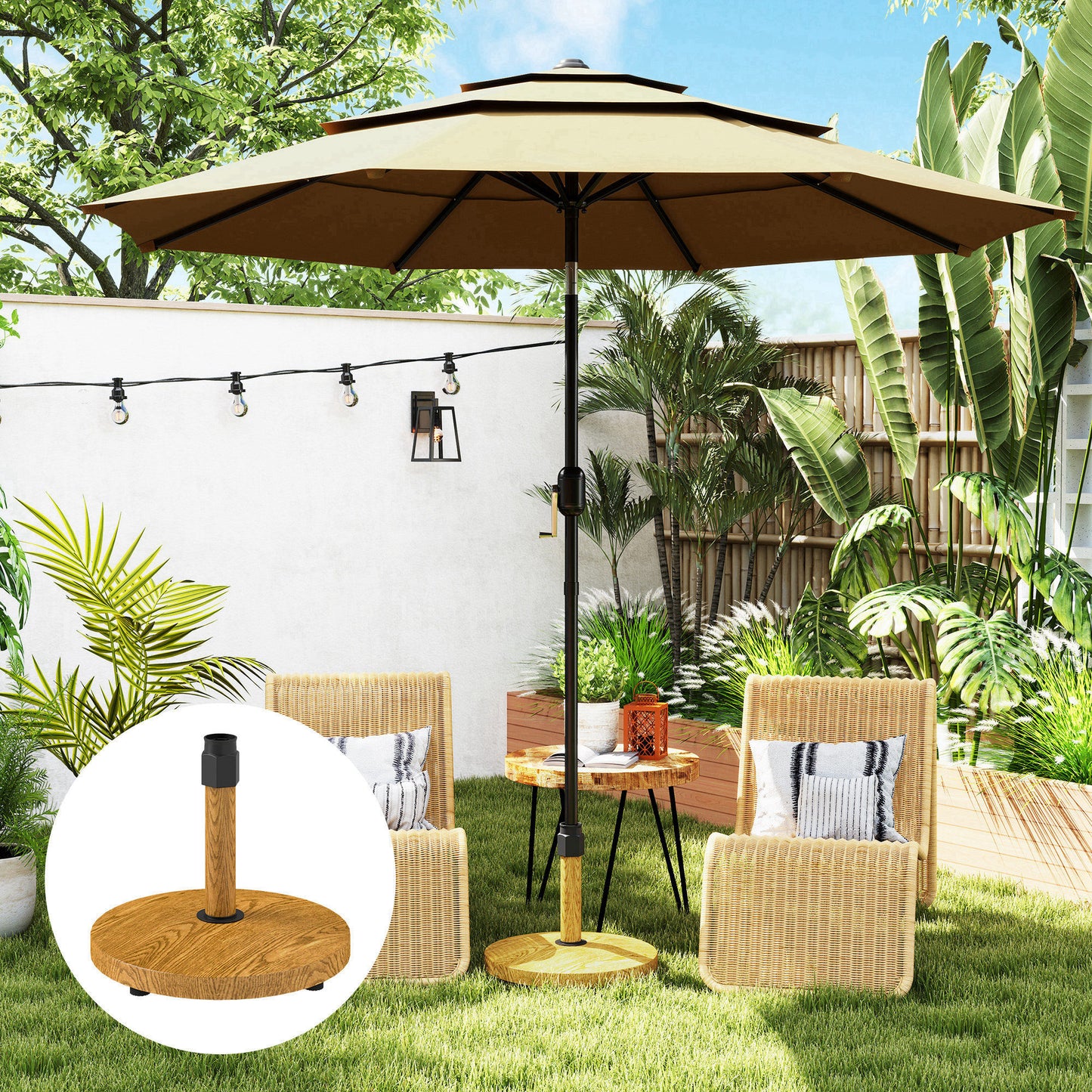 Heavy Duty Patio Umbrella Base Stand with Adjustable Pads - Natural Wood