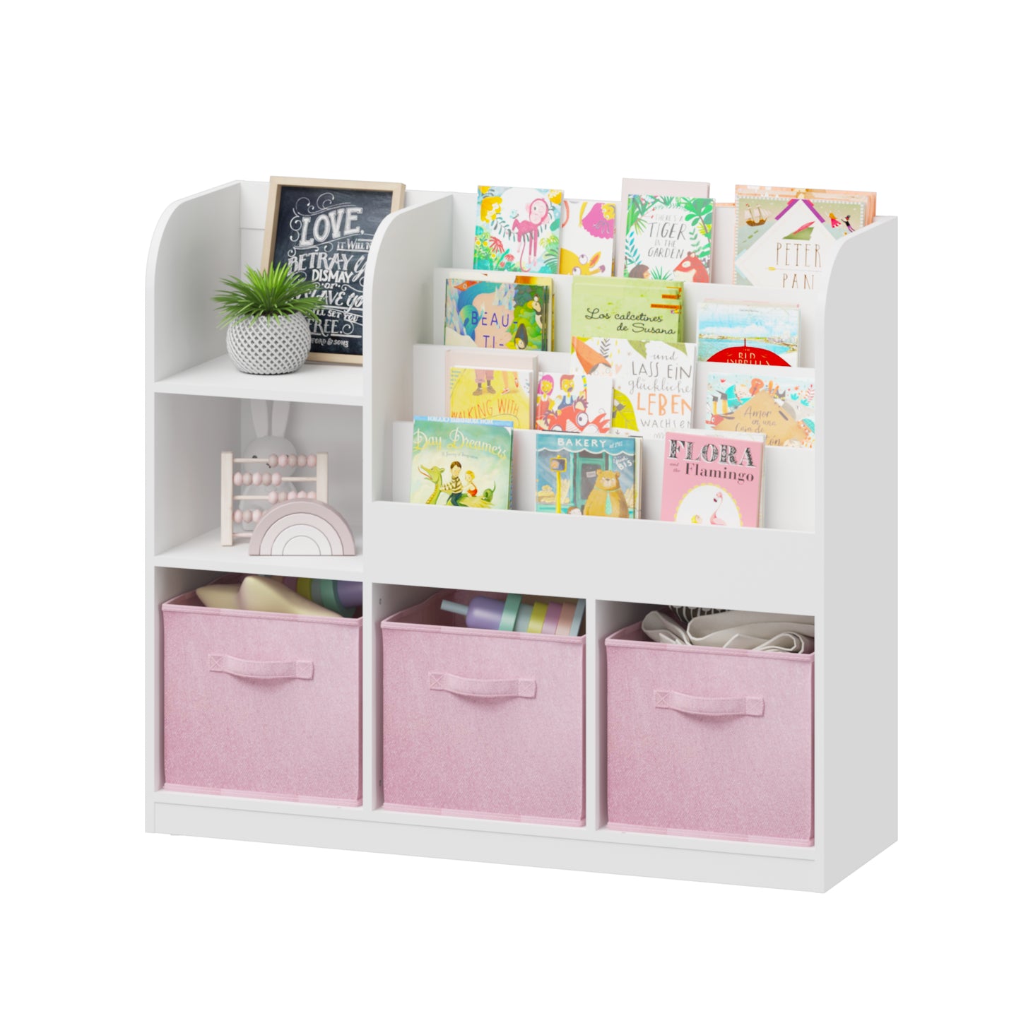 Kids Bookcase with 3 Fabric Drawers - White and Pink