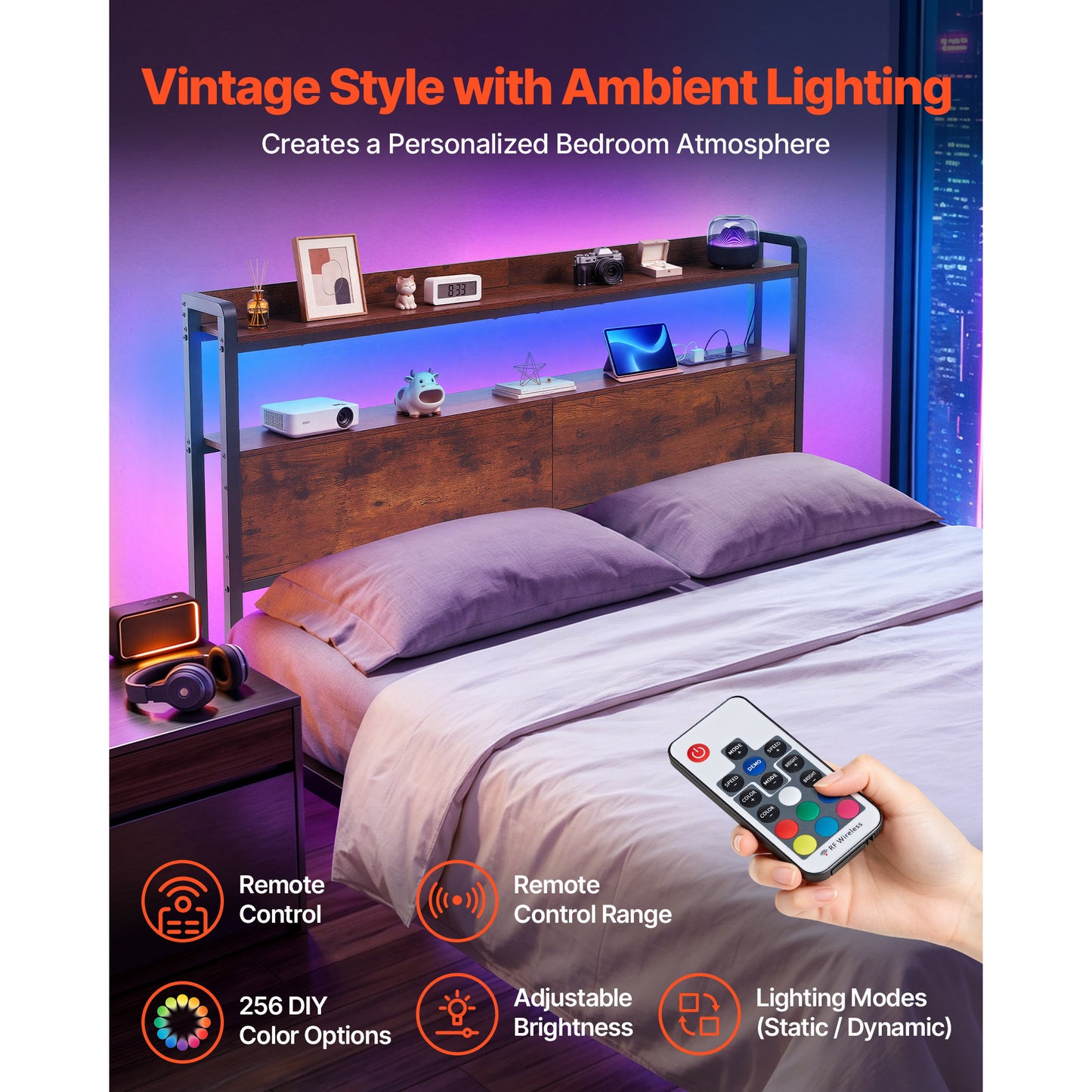 Full Size Bed Headboard with Storage Shelves LED Light USB Outlets - Black