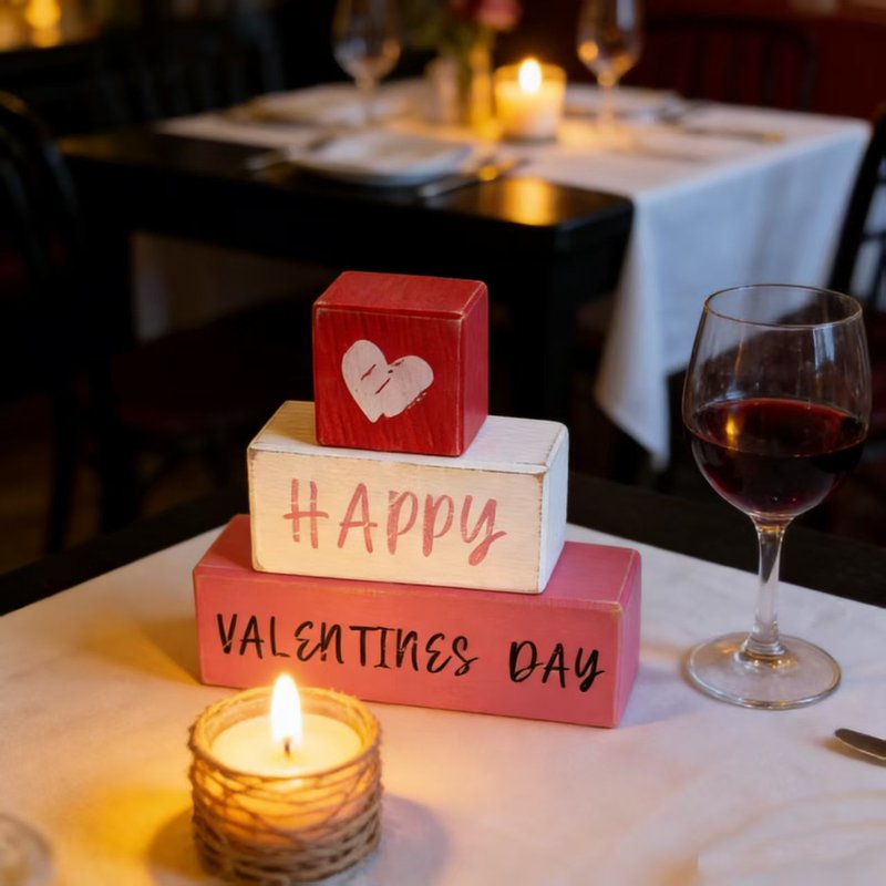 Valentine's Day Wooden Block Sign - Romantic Table Decor & Photo Prop