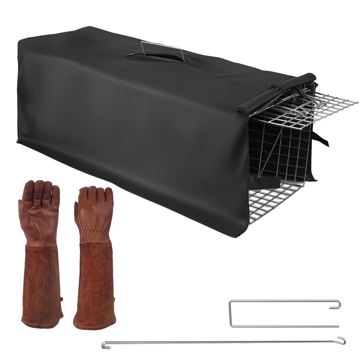 Humane Collapsible Cat Trap Cage with Waterproof Cover & Gloves