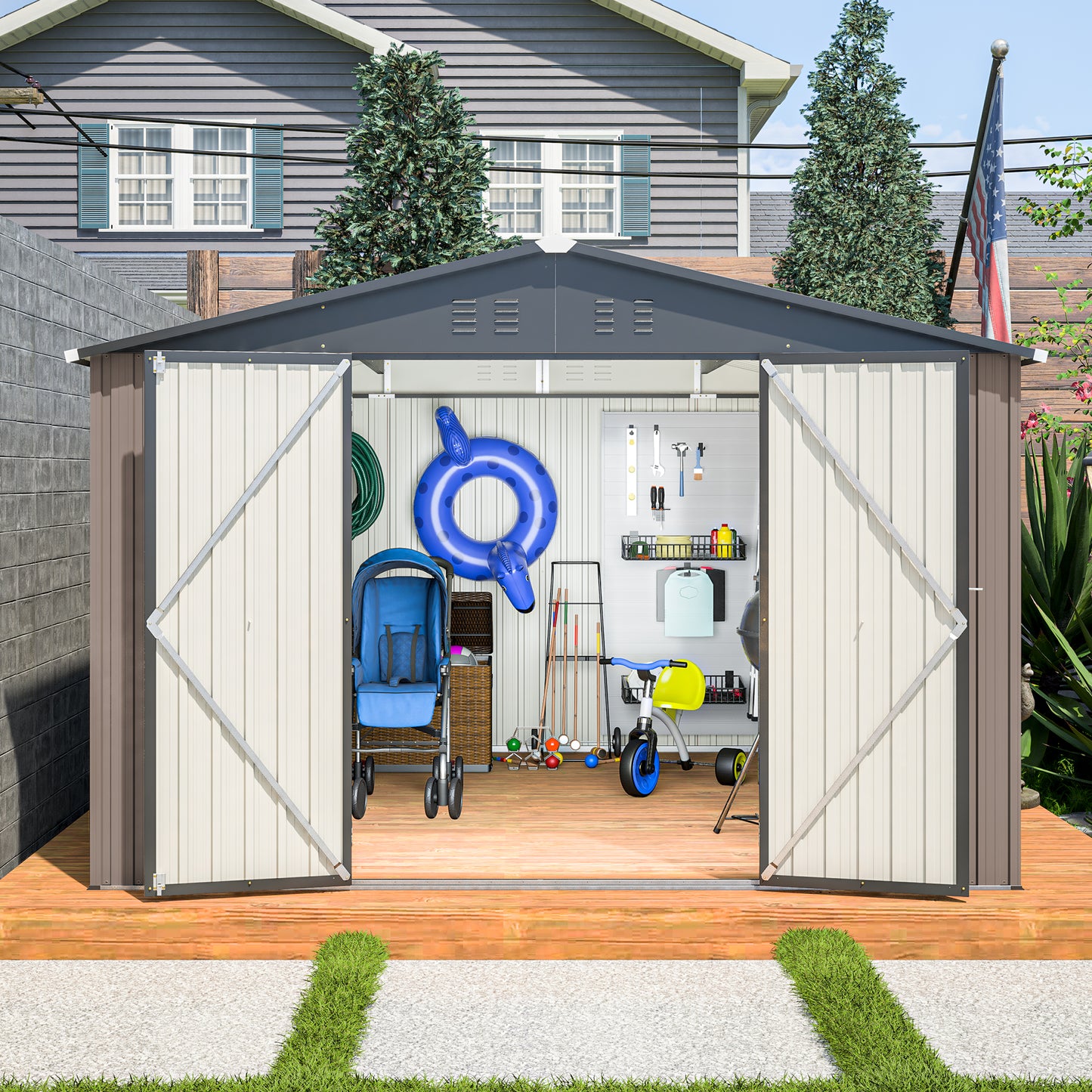 10' x 10' Metal Garden Storage Shed with Lockable Doors - Brown