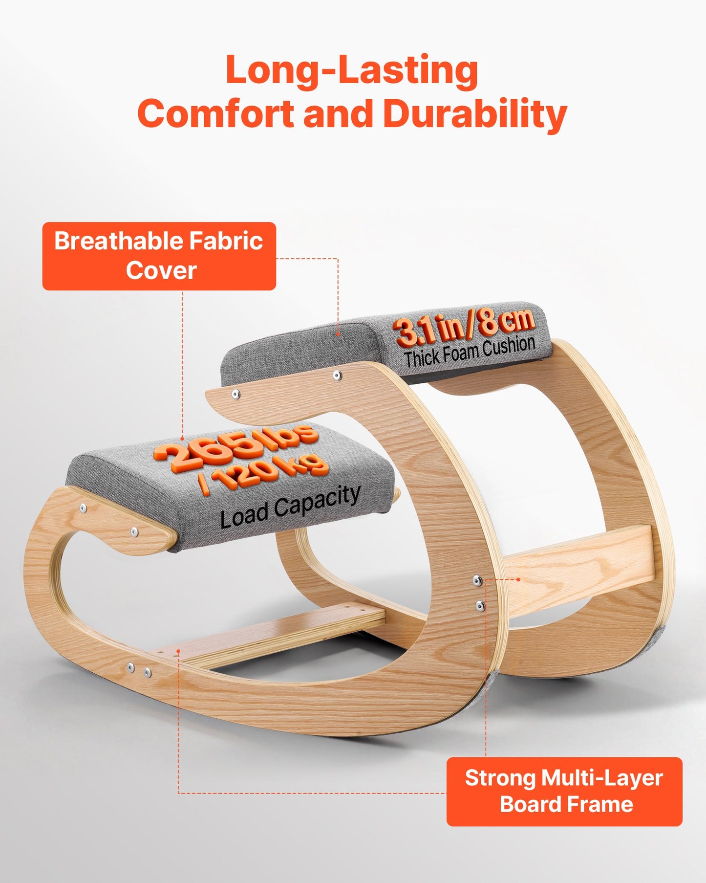 Ergonomic Kneeling Chair with Wooden Frame & Thick Foam Cushions - Adjustable Height for Posture & Back Pain Relief, Gray