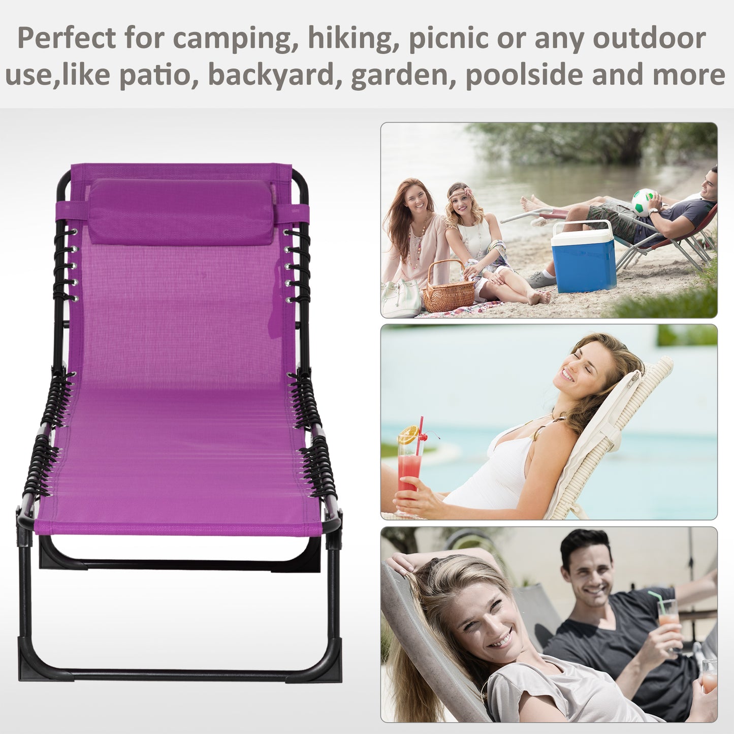 Folding Chaise Lounge Chair - 4-Position Recline, Purple