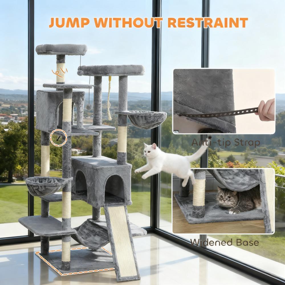 Multi-Level Cat Tree - Dark Gray 69" Cat Tower with Condos & Hammocks