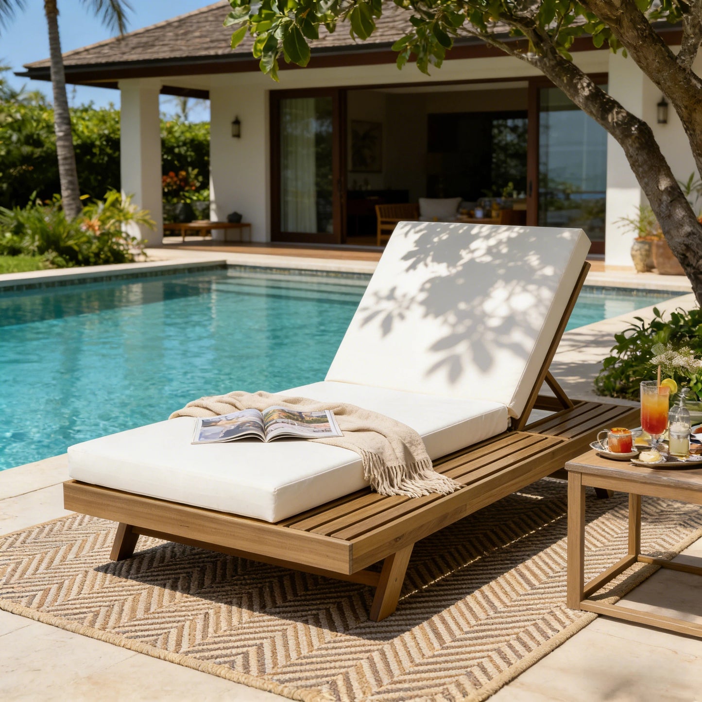 Acacia Wood Lounge Chaise Set with Water-Resistant Cushions - Cream