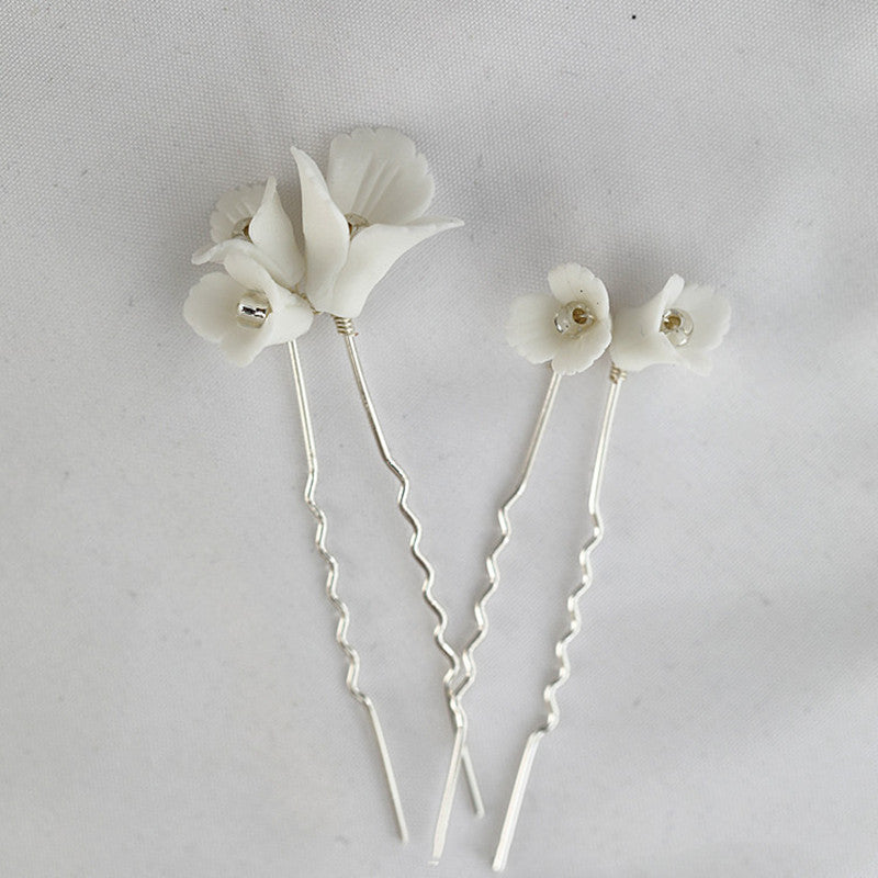 White Ceramic Flower Hairpin - Silver