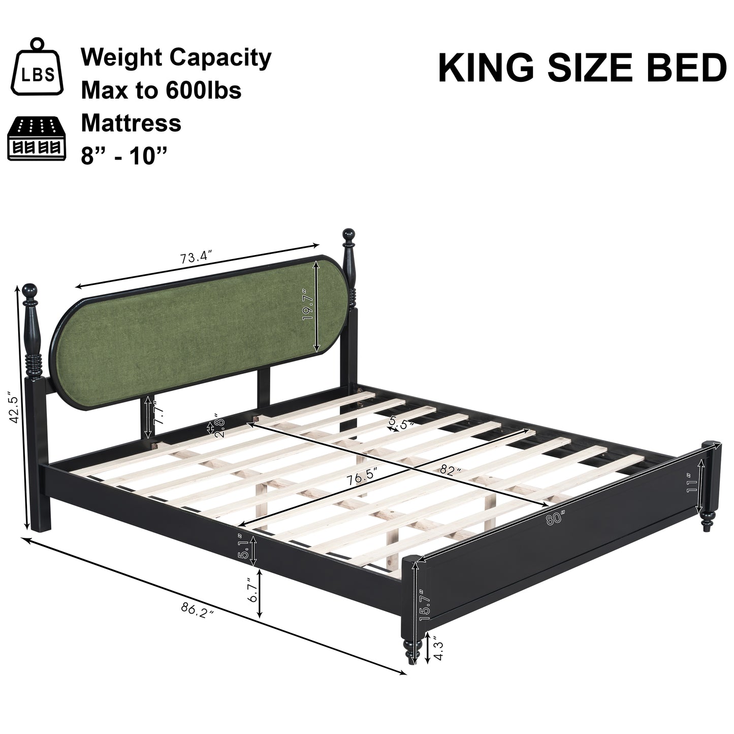 Solid Wood King Bed Frame with Slats - Modern Black & Green