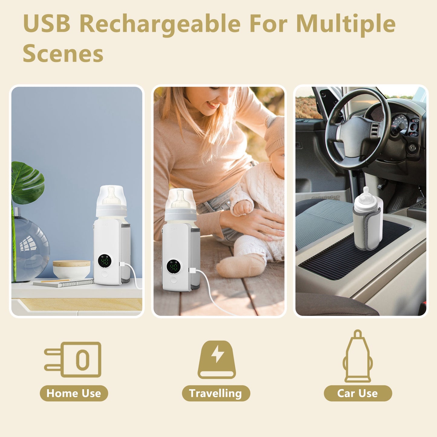 Portable Baby Bottle Warmer with 6 Heating Levels, USB Rechargeable, Keeps Milk Warm Up to 5 Hours - White