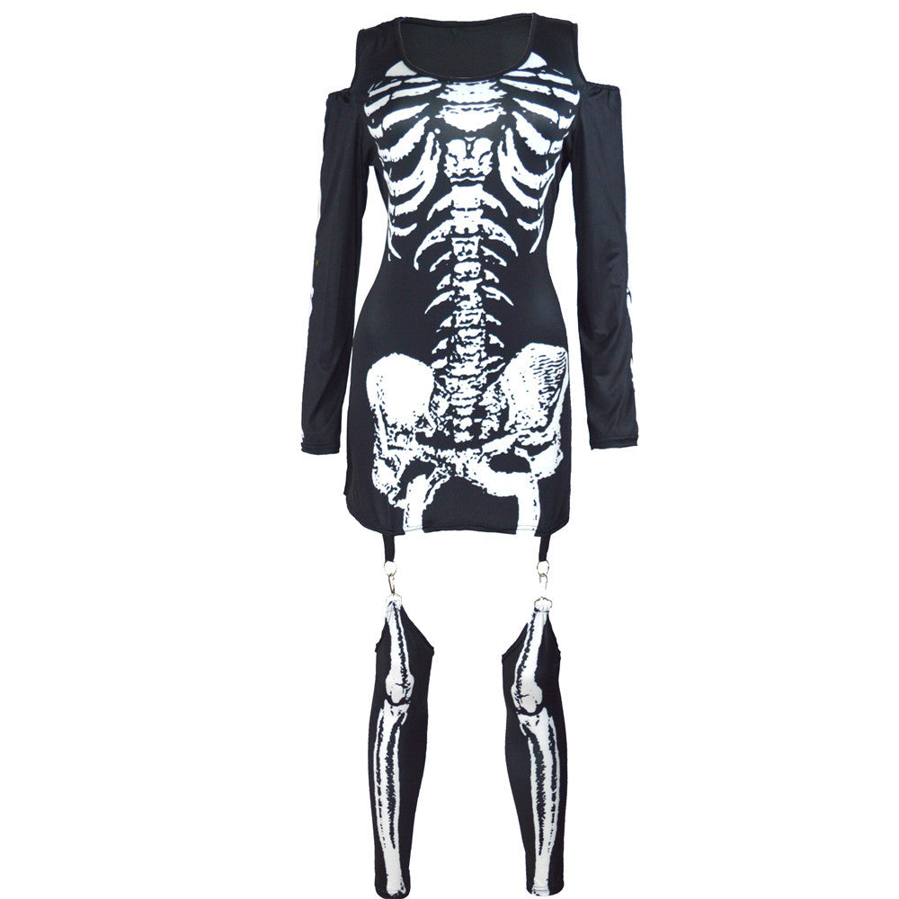 Skeleton Skeleton Printed Sexy Off-the-Shoulder Halloween Costume - Black, Multiple Sizes