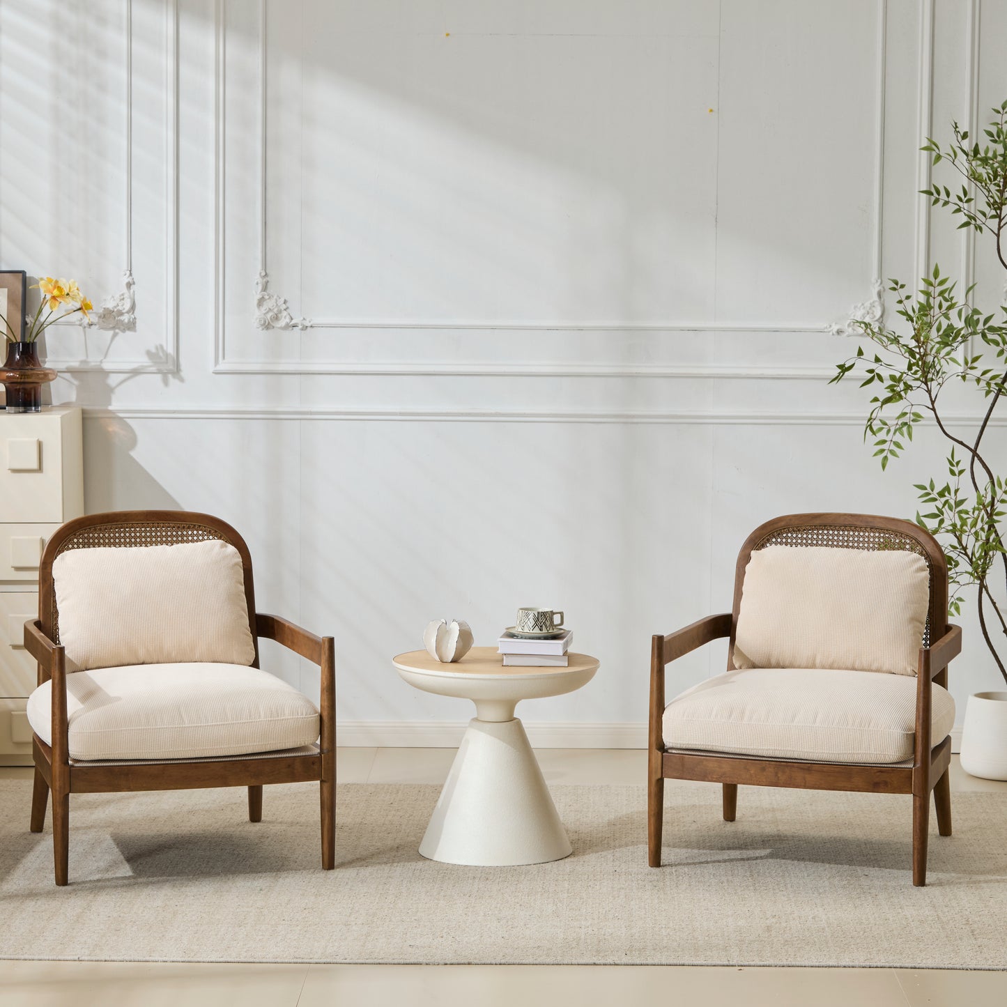 Mid-Century Modern Accent Chair Set - Light Brown & Beige Stripe