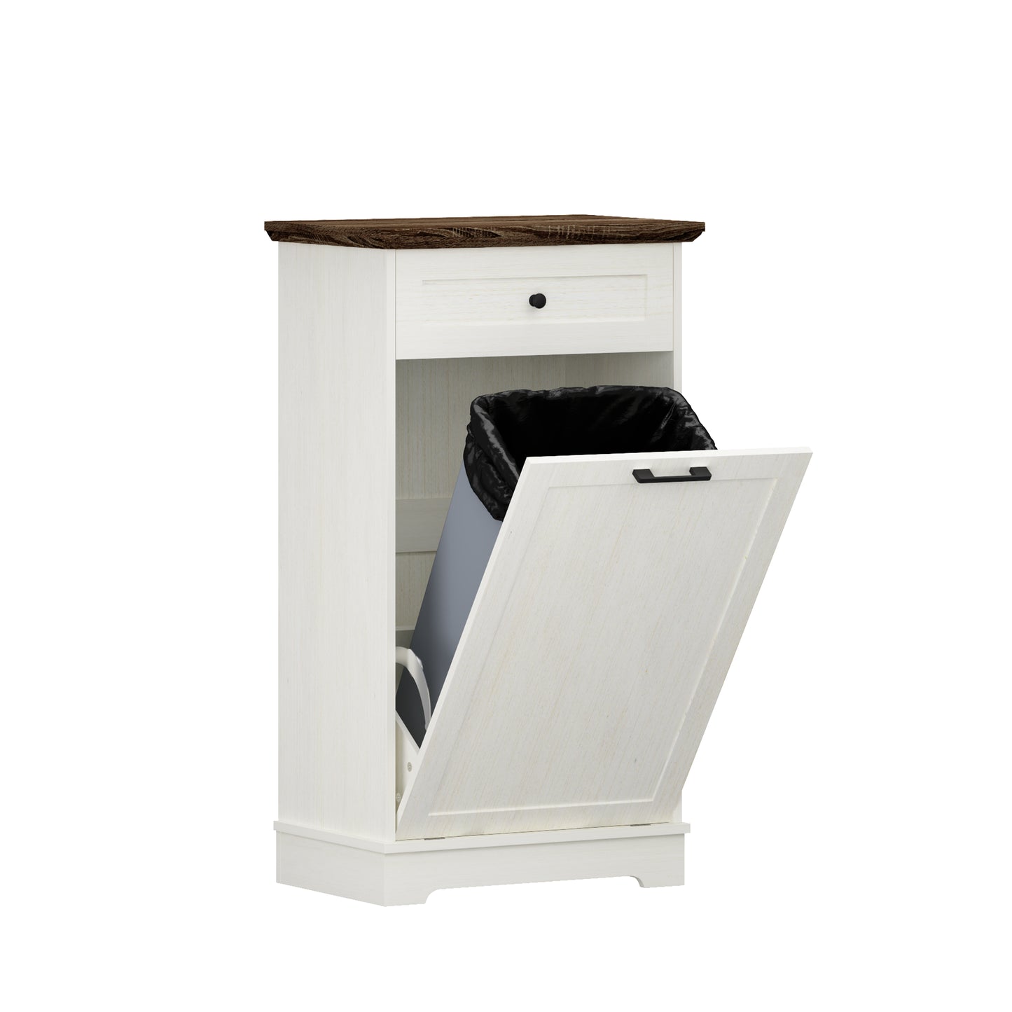 Tilt-Out Trash Cabinet - Freestanding Wood Recycling Bin with Drawer, Antique Brown & White