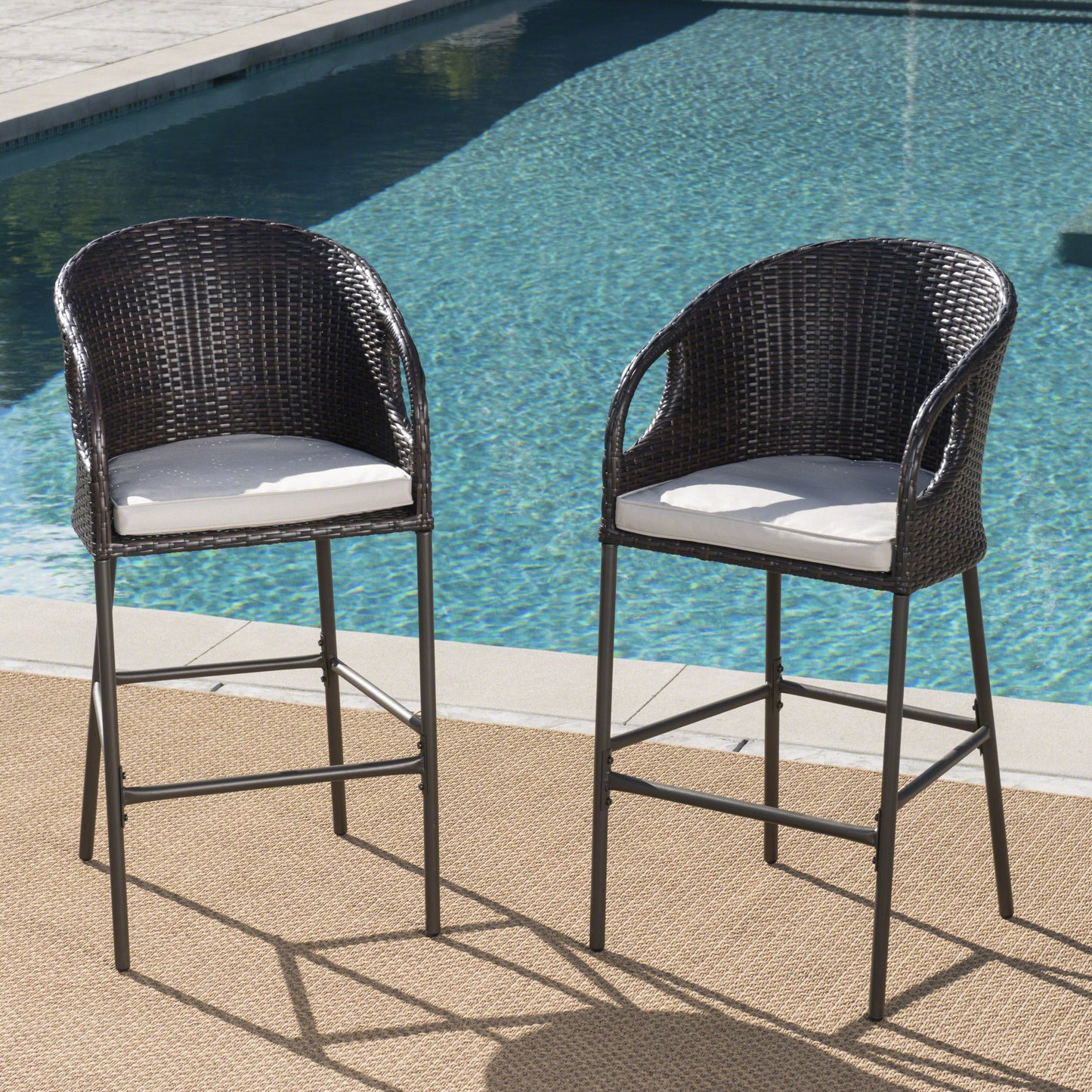 Outdoor 31 PE Rattan Barstools With Waterproof Cushions, Set Of 2,