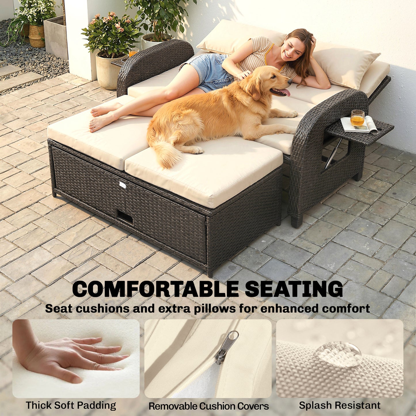 Outdoor Rattan Daybed with Storage Ottoman & Adjustable Backrest - Beige