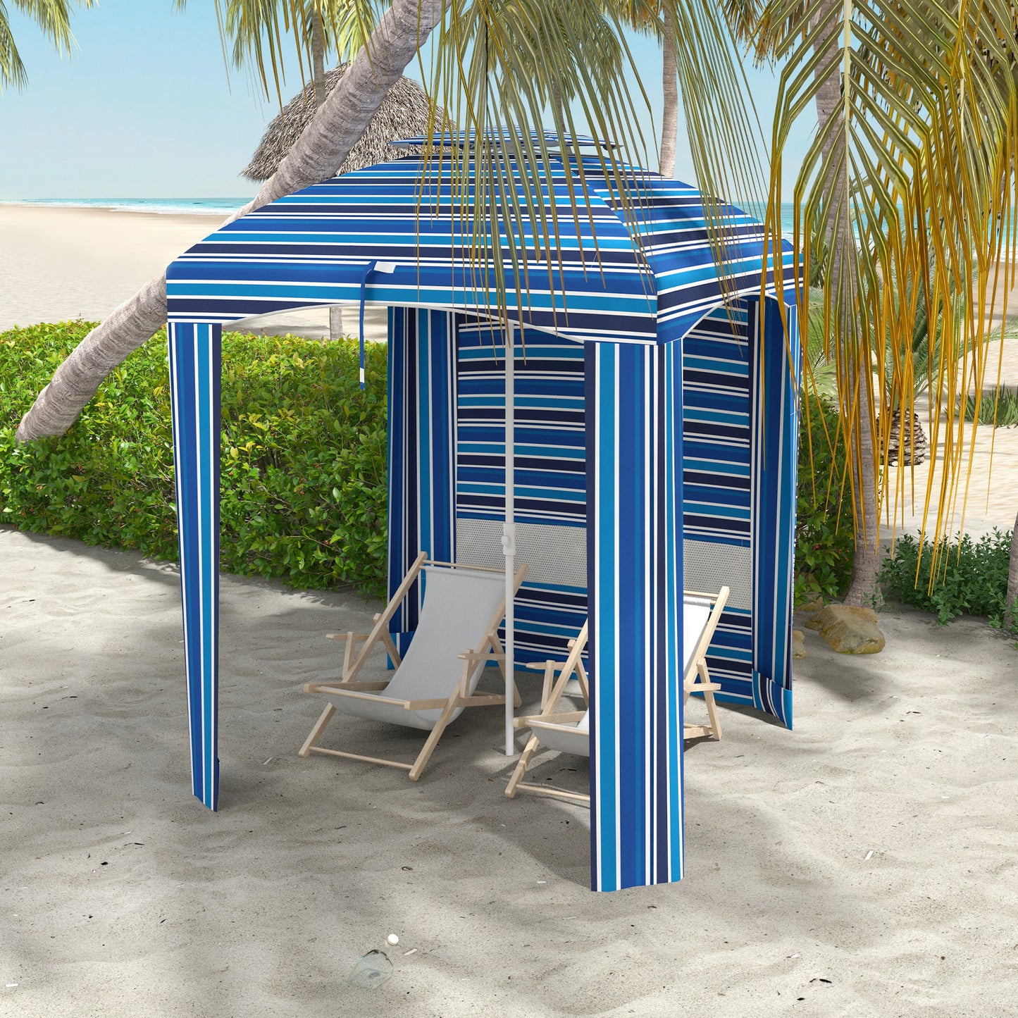 Portable Beach Umbrella with Cabana Canopy - Blue Stripe