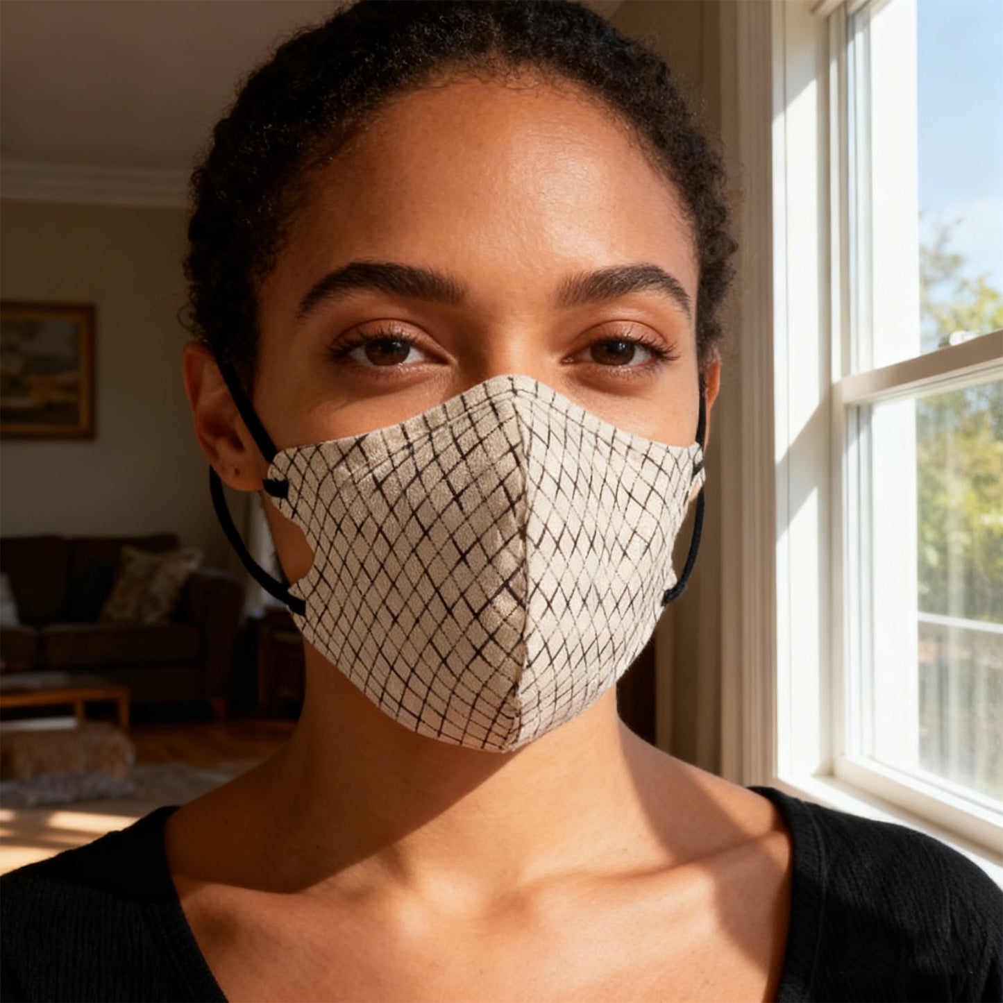 3D Houndstooth Face Mask - Beige
