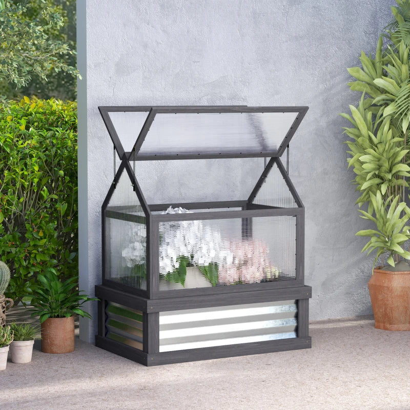 Raised Garden Bed Kit with Greenhouse - Wooden Cold Frame Planter, Gray Silver