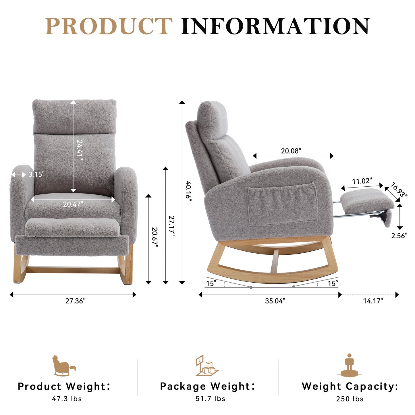 Modern Teddy Fabric Rocking Chair with Adjustable Footstool - Light Gray
