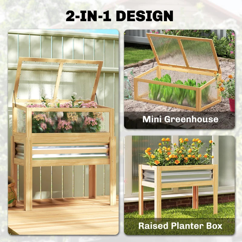 Elevated Raised Garden Bed with Cold Frame - Natural Wood