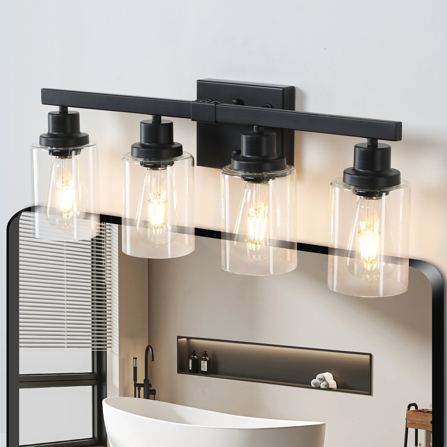 4-Light Black Bathroom Vanity Light Fixture with Glass Shades