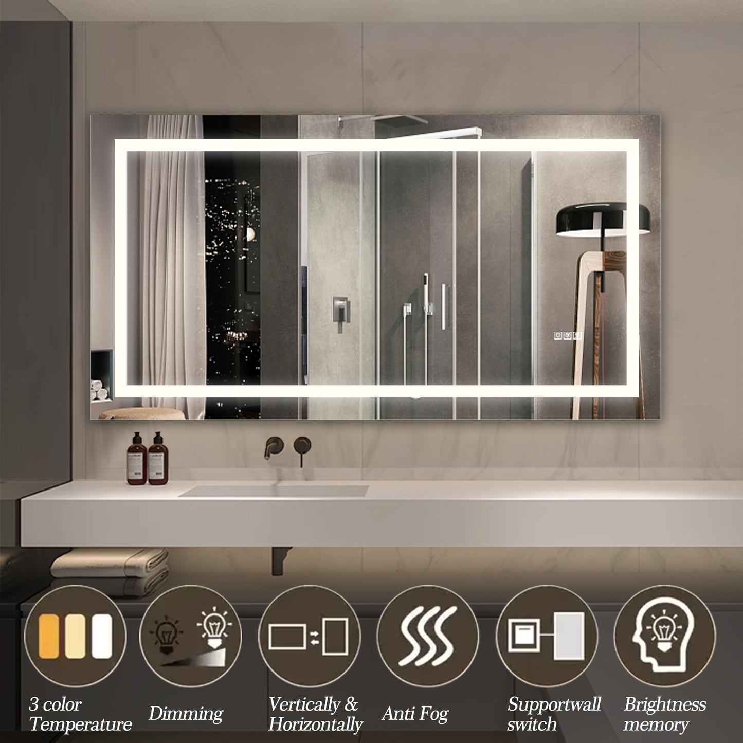 LED Bathroom Mirror 60x32 with Anti-Fog & Touch Sensor