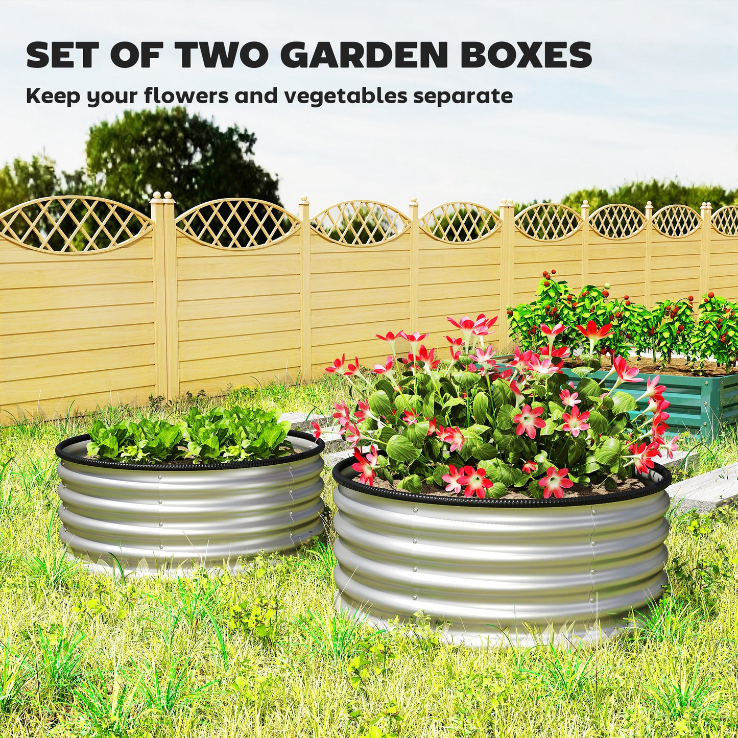 Set of 2 Metal Raised Garden Beds with Edging, Silver 3x3x1.4 ft