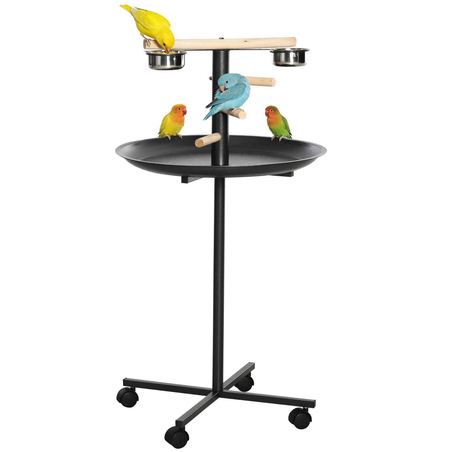 Portable Bird Play Stand with Wheels and Stainless Steel Feeders - Gray