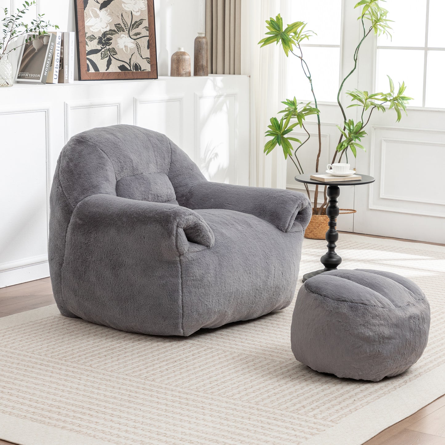 Bean Bag Chair, Comfy Sofa With Back Support, Footstool,Faux Fur