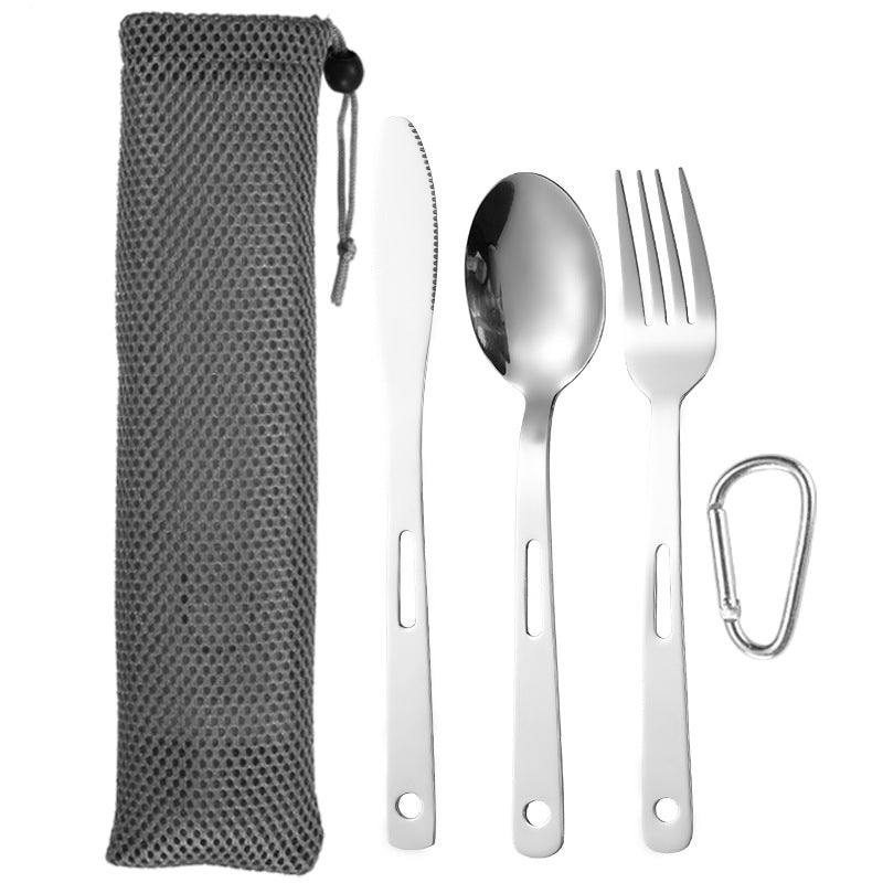 Stainless Steel Cutlery Set 3-Piece Minimalist Dinnerware with Hooks & Cloth Bag
