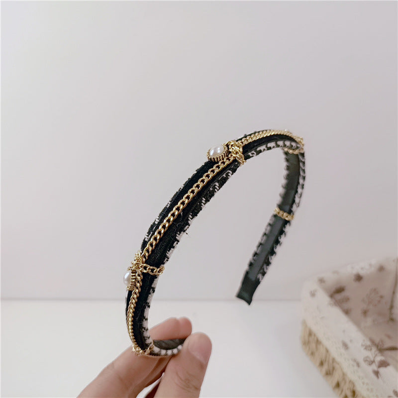 French Maiden Pearl Headband for Women - Retro Plaid Style, Black