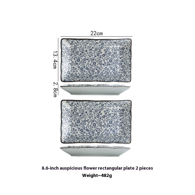 Ceramic Rectangular Plate Set - Antique Under-Glaze Dinnerware for Kitchen